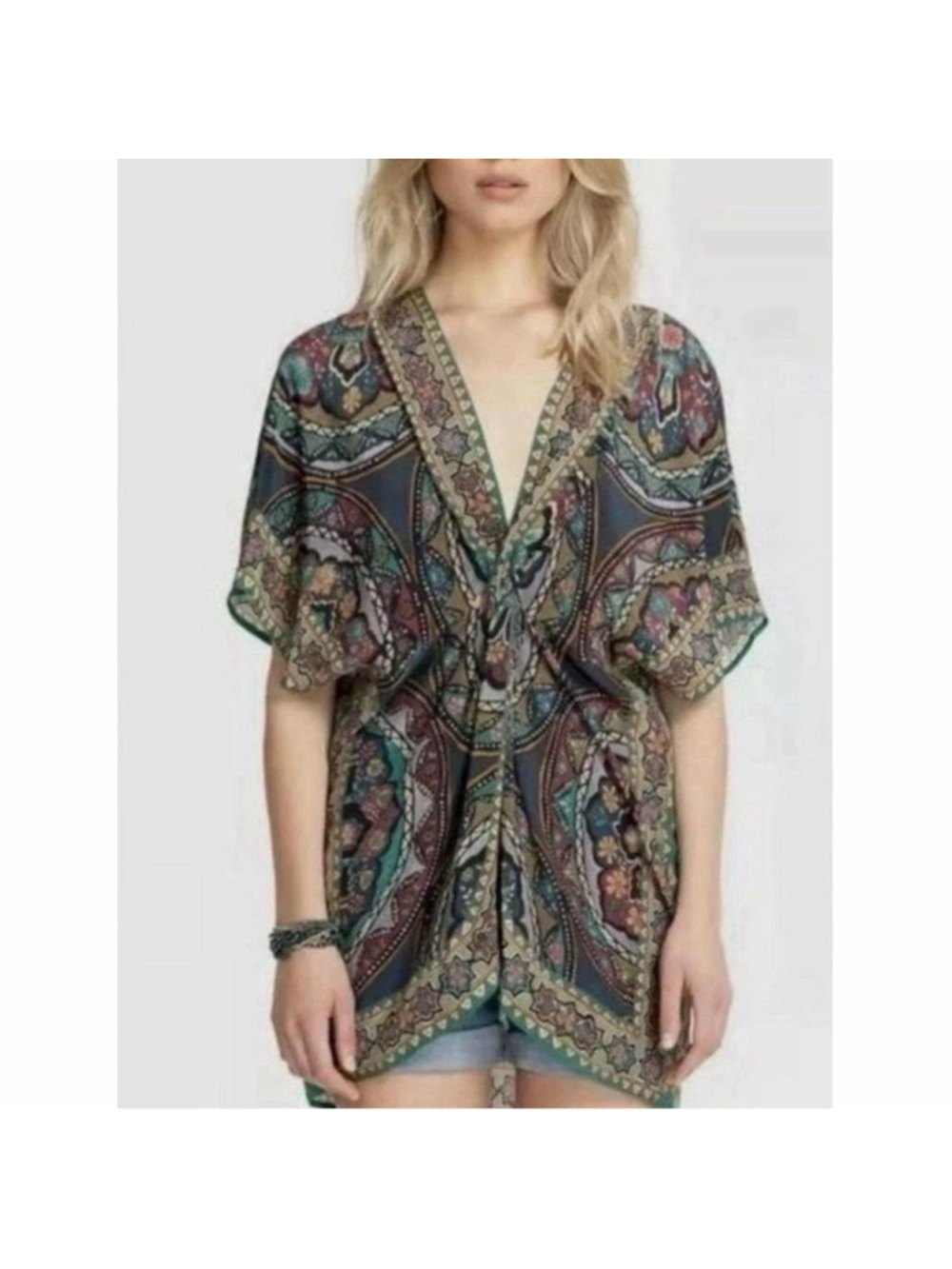 Johnny Was S Spezia Twisted Top Coverup 100% Silk Mandala Print EUC Boho Whimsy